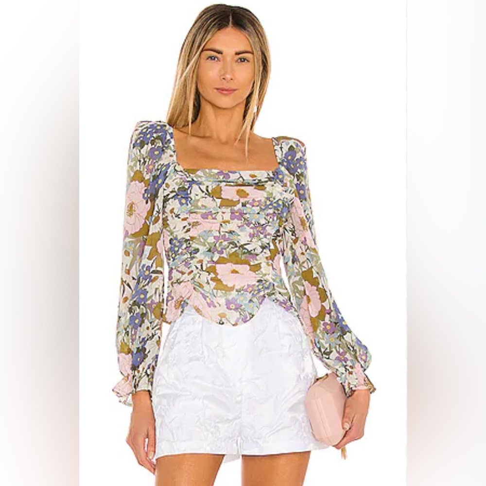 Astr Blue and Pink Asymmetrical Ruffled Blouse